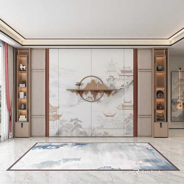 Traditional Chinese Living Room With Landscape Wall Art Circular Decor And Wooden Display Shelves 3d model 