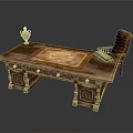 Vintage Wooden Desk With Carved Details Patterned Mat Vase Books And Leather Chair