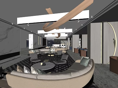 Elegant Modern Lounge Area With Curved Sofa Circular Chairs Patterned Carpet And Chandelier 3d model