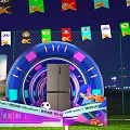 Illuminated Football Field With Fenced Area Colorful Decorations And Event Tables Chairs