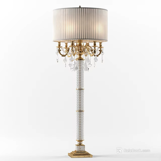 Luxurious Floor Lamp With Crystal Decorations Gold Stand And White Shade Design 3d model 