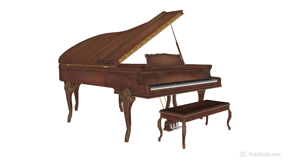Vintage Brown Grand Piano With Ornate Legs And Matching Stool For Musical Use 3d model 