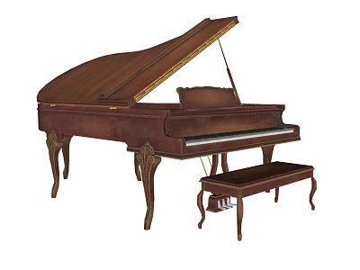 Vintage Brown Grand Piano With Ornate Legs And Matching Stool For Musical Use 3d model