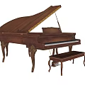 Vintage Brown Grand Piano With Ornate Legs And Matching Stool For Musical Use