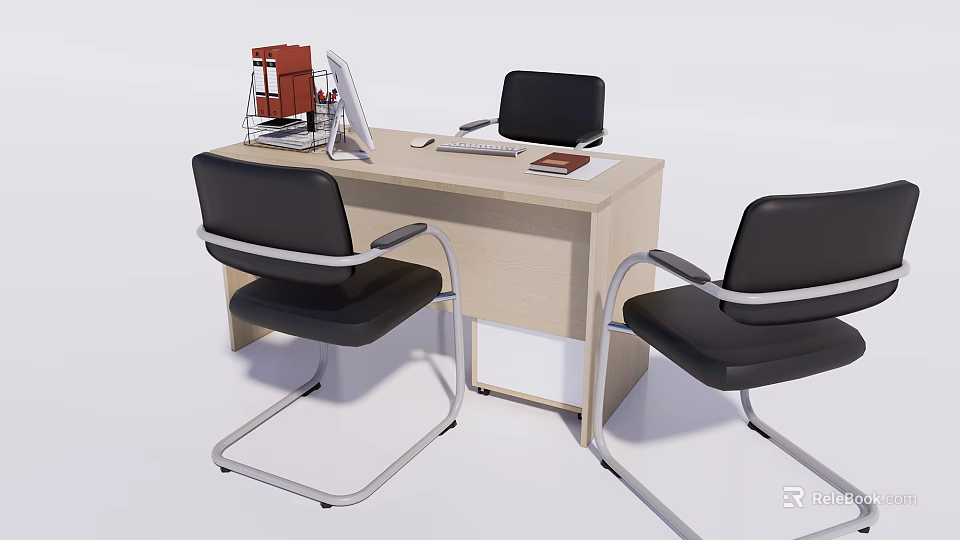 Modern Office Desk with Black Chairs and Office Supplies on Surface 3d model 