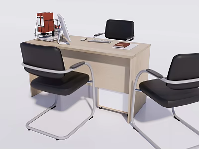 Modern Office Desk with Black Chairs and Office Supplies on Surface 3d model