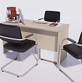 Modern Office Desk with Black Chairs and Office Supplies on Surface