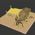 Ancient Wooden Ship Model With Tent Structure On Sand Base And Wooden Frames 3d model