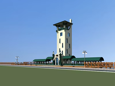 White Tower With Multiple Windows Green Canopies And Wooden Fence Under Blue Sky 3d model