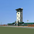 White Tower With Multiple Windows Green Canopies And Wooden Fence Under Blue Sky