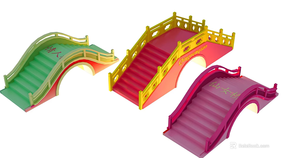 Colorful Traditional Decorative Bridges With Green Red Pink Steps And Yellow Railings 3d model 