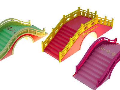 Colorful Traditional Decorative Bridges With Green Red Pink Steps And Yellow Railings 3d model