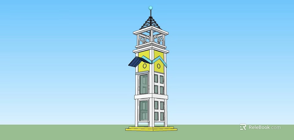 Tall Tower with Black Roof Spire Clock Yellow Section Windows and Grass Base 3d model 
