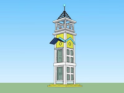 Tall Tower with Black Roof Spire Clock Yellow Section Windows and Grass Base 3d model