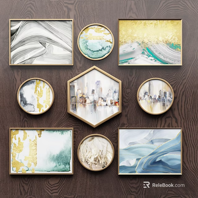 Modern Abstract Paintings With Circular Hexagonal Gold Frames Gold Teal Blue Tones For Wooden Wall Decor 3d model 