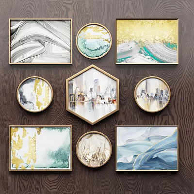 Modern Abstract Paintings With Circular Hexagonal Gold Frames Gold Teal Blue Tones For Wooden Wall Decor 3d model