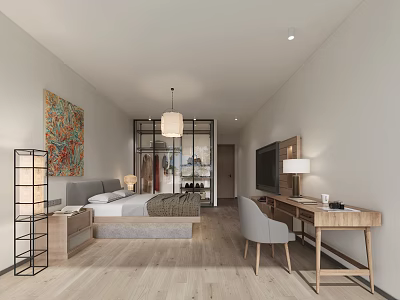 Modern Hotel Room Interior With Comfortable Bed Wooden Desk TV And Decorative Artwork 3d model