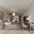 Modern Hotel Room Interior With Comfortable Bed Wooden Desk TV And Decorative Artwork