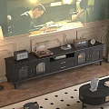 Vintage Black TV Stand With Glass Doors Storage And Decorative Ornaments On Retro Background