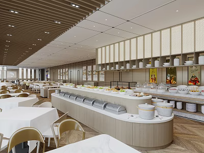 Spacious Restaurant Interior with Buffet Counter White Dining Tables Golden Chairs and Wooden Ceiling Decor 3d model