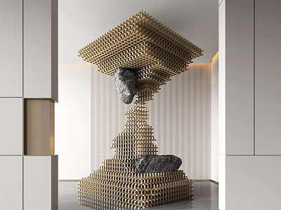 Golden Modular Sculpture With Black Stones In Modern Interior Space 3d model