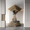 Golden Modular Sculpture With Black Stones In Modern Interior Space