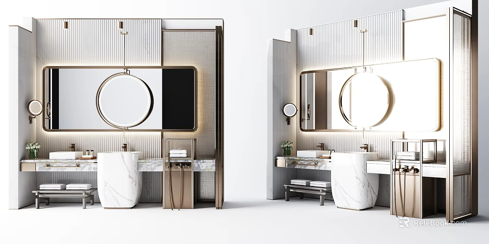Modern Bathroom Vanity With Marble Countertop Circular Mirror And Hanging Lights 3d model 
