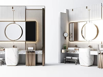 Modern Bathroom Vanity With Marble Countertop Circular Mirror And Hanging Lights 3d model