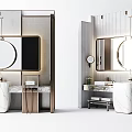 Modern Bathroom Vanity With Marble Countertop Circular Mirror And Hanging Lights