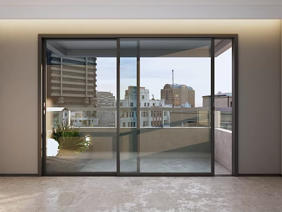 Sliding Doors Large Glass with Dark Frames Opening to Balcony Overlooking City and Green Plant 3d model