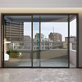 Sliding Doors Large Glass with Dark Frames Opening to Balcony Overlooking City and Green Plant
