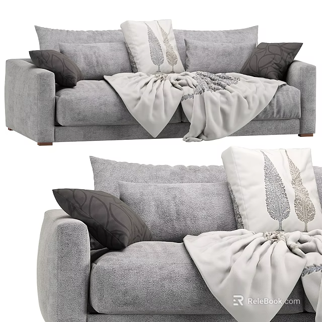 Gray Fabric Sofa Set with Decorative Pillows and Cozy Blanket for Modern Living Room 3d model 