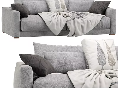 Gray Fabric Sofa Set with Decorative Pillows and Cozy Blanket for Modern Living Room 3d model