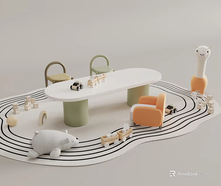 Kids Table and Chair Combination with Colorful Chairs Plush Toys and Building Blocks on Rug 3d model 