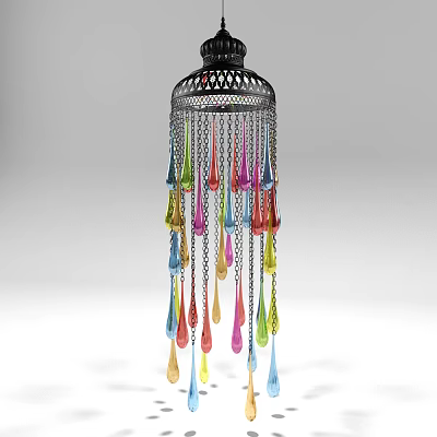 Colorful Lantern With Hanging Colored Droplets And Intricate Metal Frame Design 3d model