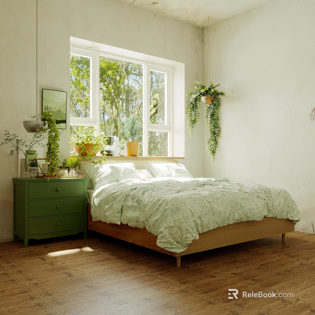 Cozy Bedroom With Green Dresser Light Green Quilt Large Window Hanging Plants And Wooden Floor 3d model 
