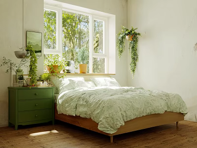 Cozy Bedroom With Green Dresser Light Green Quilt Large Window Hanging Plants And Wooden Floor 3d model