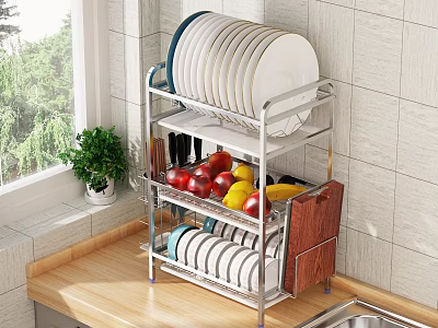 Practical Kitchen Interior With Stainless Steel Dish Rack Plates Fresh Fruits Wooden Countertop And Cabinets 3d model