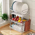 Practical Kitchen Interior With Stainless Steel Dish Rack Plates Fresh Fruits Wooden Countertop And Cabinets