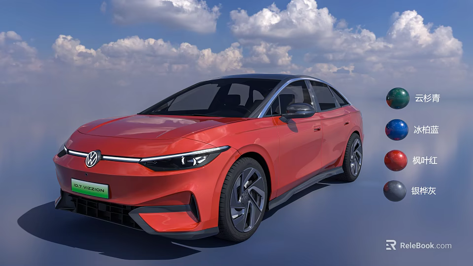 Red Volkswagen Electric Car With Sleek Exterior Design And Colorful Spheres Under Blue Sky 3d model 