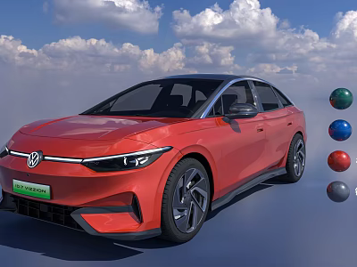 Red Volkswagen Electric Car With Sleek Exterior Design And Colorful Spheres Under Blue Sky 3d model