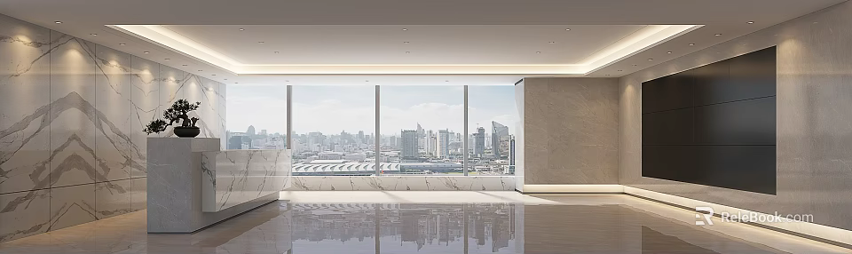 Modern Reception Desk Interior Design With Marble Surface And City View Windows 3d model