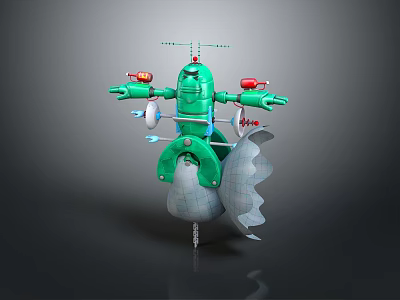 Green Mechanical Game Movie Character With Multiple Red Arm Components Cloud Like Base 3d model