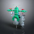 Green Mechanical Game Movie Character With Multiple Red Arm Components Cloud Like Base