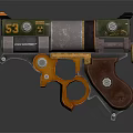 Vintage Mechanical Revolver Weapon With Green Metal Body And Gold Accent Details