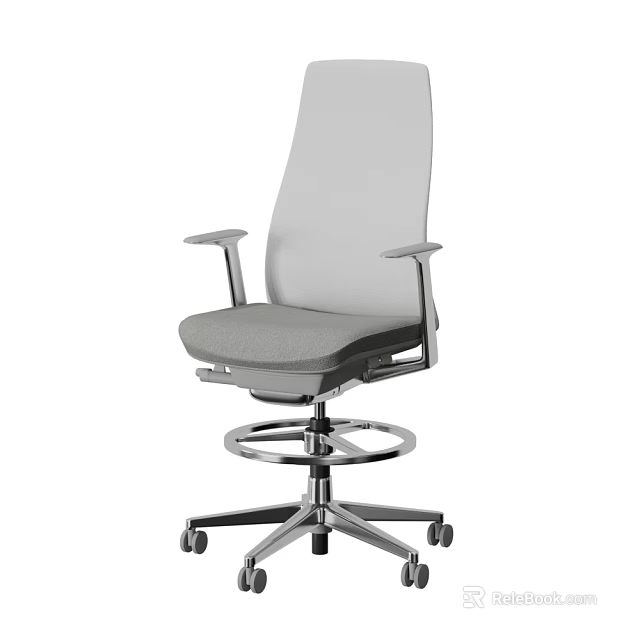 High Back Gray Office Chair With Fabric Seat Metal Frame Armrests And Wheels 3d model 