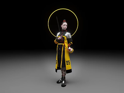 Game And Movie Character In Yellow Black Robe With Golden Halo Holding Long Sword 3d model