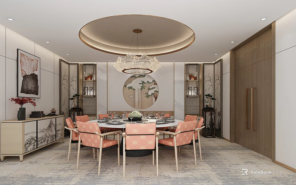 Chinese Style Private Dining Room With Round Table Pink Chairs And Chandelier 3d model 