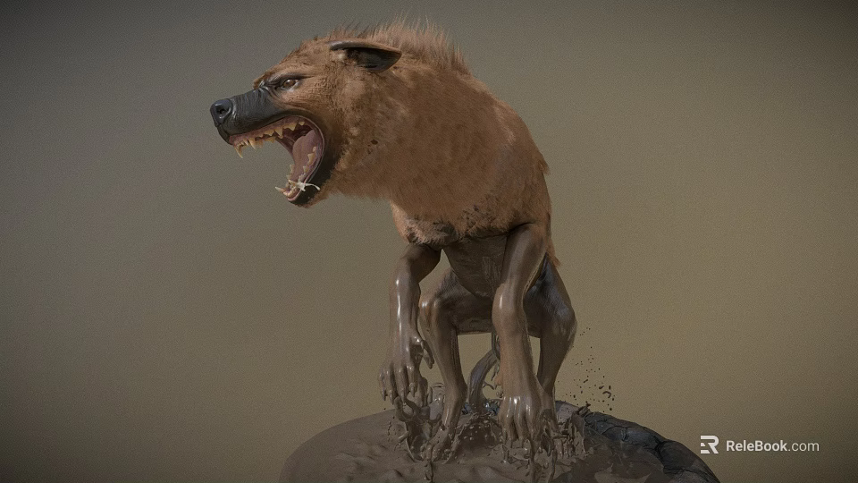 Hyena Roaring With Open Mouth Standing On Muddy Ground Splashing Mud 3d model 