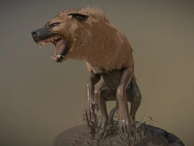 Hyena Roaring With Open Mouth Standing On Muddy Ground Splashing Mud 3d model